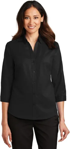 Port Authority Camisa de sarga con botones SuperPro de manga 3/4 para mujer