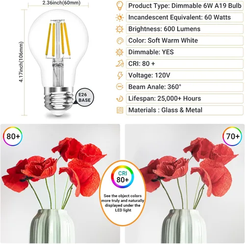Miniatura 3 de Qingmiao Bombilla LED Edison A19 E26 con base regulable, 4 W (equivalente a 40 vatios) 3000 K blanco cálido suave, bombilla de filamento LED de 6 W