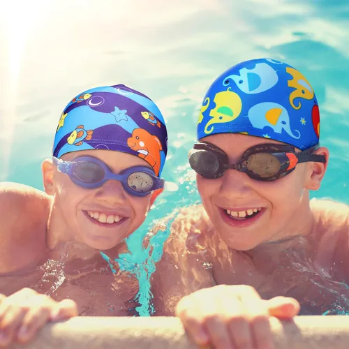 Miniatura 4 de Geyoga Gorros de natación para niños, 3 piezas, unisex, de poliéster, para piscina, gorra de verano para niños y niñas, pelo largo y corto