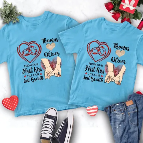 Miniatura 3 de Camiseta personalizada para pareja amante de él y ella desde nuestro primer beso, anillo de pareja mano en mano, regalos personalizados con nombre