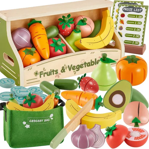 BUYGER 34 piezas de juguetes de madera de frutas y verduras para la cocina de los niños, juguetes de corte de alimentos con bolsa, cuchillo y