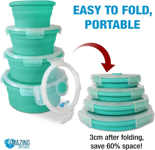Miniatura 4 de Juego de 4 recipientes plegables de silicona para almacenamiento de alimentos con tapas, cuencos plegables para camping, almacenamiento