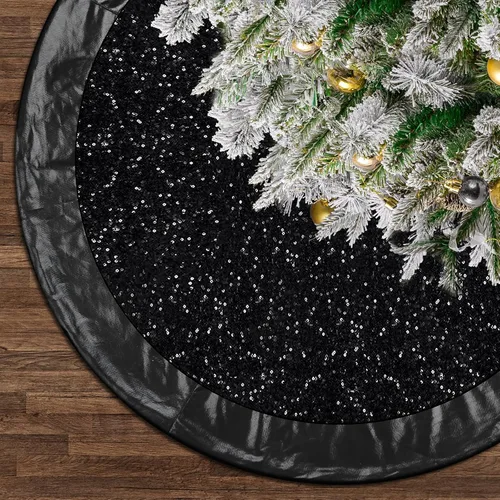 Miniatura 6 de Falda negra para árbol de Navidad de Halloween de 48 pulgadas, falda de árbol grande con purpurina para árbol de 7.5 pies, falda de árbol