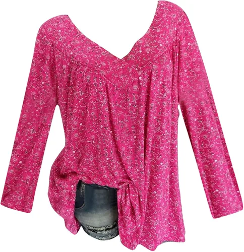 Women Pleated T Shirts Floral Print Loose Fit Long Tops Tee for Women V Neck Fall Summer Tee Shirt 2024 Fashion