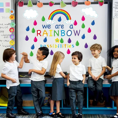 Miniatura 7 de Recortes motivacionales de tablón de anuncios de arcoíris, decoración inspiradora de aula con texto en inglés «We are a Rainbow of Posibilitys»