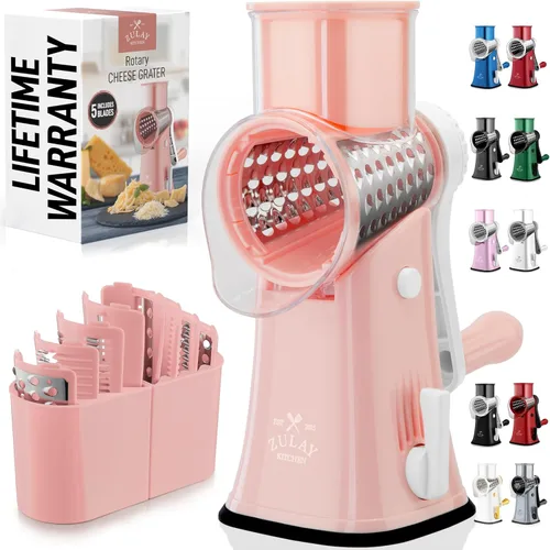 Zulay Kitchen Rallador Rotativo de Queso de 5 Cuchillas Rallador de Queso - Rallador de Queso Manual de Manivela de Mano con Succión Reforzada y 5