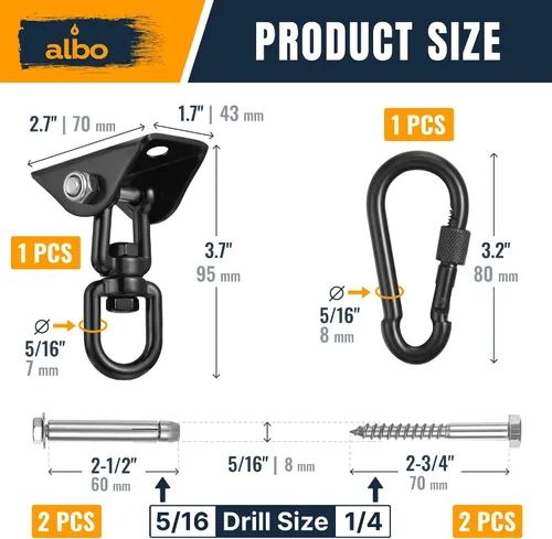 Miniatura 5 de Albo Gancho para colgar en el techo de 2650 libras para hamaca y columpio de porche, soporte resistente giratorio de 360° con mosquetón