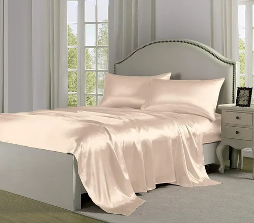 Miniatura 3 de 4 piezas de sábanas de satén 100% seda pura, lujosa colección de ropa de cama ultrasuave y suave, 19 pulgadas de profundidad, 1 sábana bajera, 1