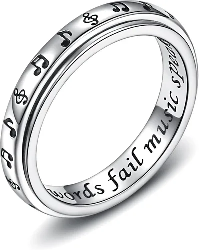 925 Sterling Silver Spinner Fidget Ring for Women: Musical Note Viking Rune Heartbeat Anxiety Stress Relieving Rotatable Ring Faith Hope Love