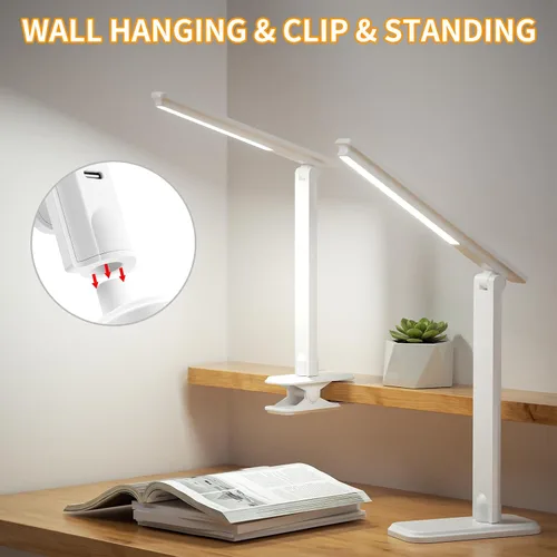 Miniatura 7 de Lámpara LED de escritorio, lámpara de mesa regulable, lámpara de lectura con clip y base intercambiables, 3 brillos regulables, pequeña lámpara