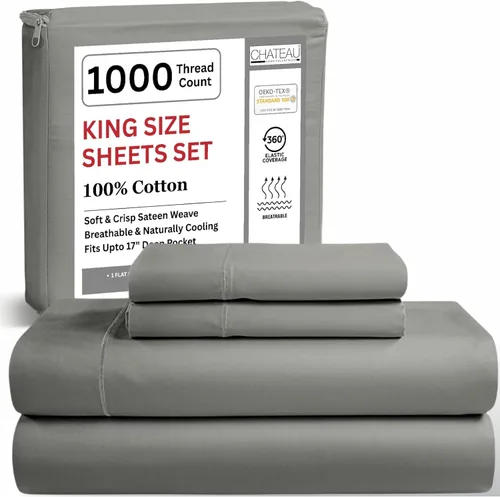 Miniatura 28 de Juego de sábanas 100% algodón para cama King, juego de sábanas certificadas de 1000 TC con bolsillo profundo, juego de sábanas y fundas de almohada