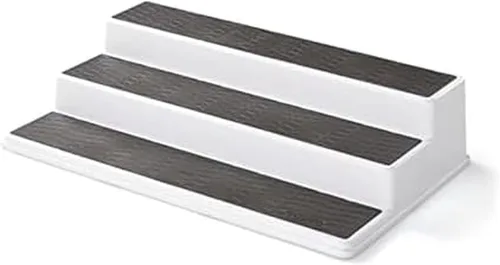 Copco Organizador de especias antideslizante de 3 niveles para armario de cocina o despensa, estante escalonado de 15 pulgadas, blanco/gris, diseño