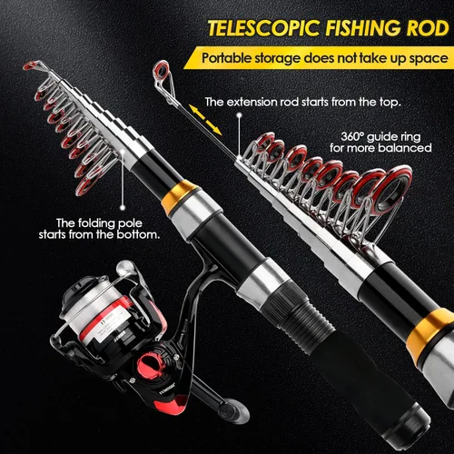 Miniatura 2 de Combo de Caña de Pescar Telescópica con Carrete 2PCS 6.89FT Caña de Pescar Plegable Carrete Giratorio Señuelos Accesorios con Bolsa de Pesca Kit