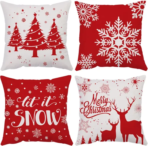 Miniatura 20 de Juego de 4 fundas de almohada de Navidad de 12 x 12 pulgadas, fundas de almohada de terciopelo de Navidad, fundas de almohada doradas y rojas