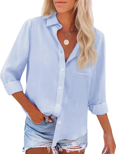 Miniatura 21 de Camisas de algodón con botones, para mujer, camisas de vestir Oxford, camisas de trabajo de manga larga, blusas con cuello y bolsillo