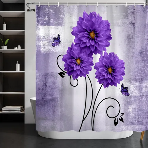Miniatura 7 de Cortina de ducha con diseño floral, flores de dalia amarillas y mariposas, cortinas de ducha para baño, juego de cortina de ducha rústica