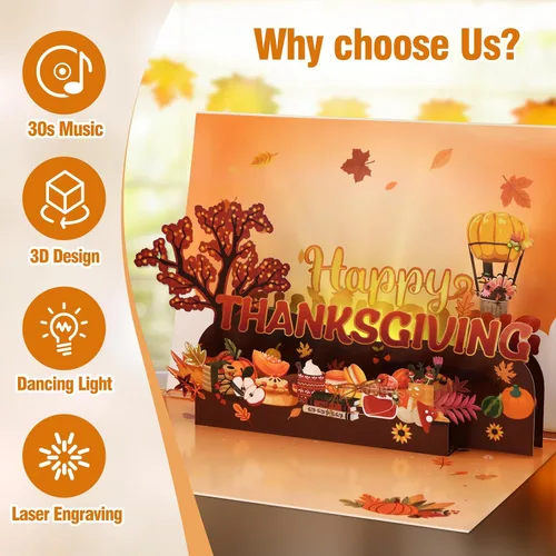 Miniatura 3 de D4DREAM Tarjeta musical de Acción de Gracias con luz, tarjetas y sobres de Acción de Gracias 3D para adultos, niños, novio, novia, decoración
