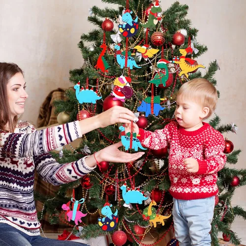 Miniatura 3 de 48 piezas de adorno de dinosaurio de Navidad para niños, adornos de dinosaurio de madera, figuras de dinosaurio, adorno colgante de madera