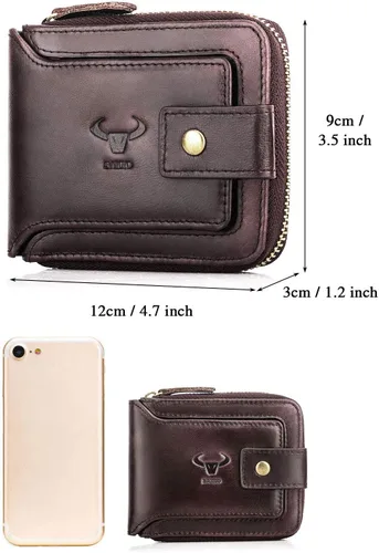 Miniatura 2 de BAIGIO Billetera de cuero genuino con cremallera alrededor de RFID bloqueo billetera plegable vintage multi tarjetero monedero, Café oscuro, Cartera
