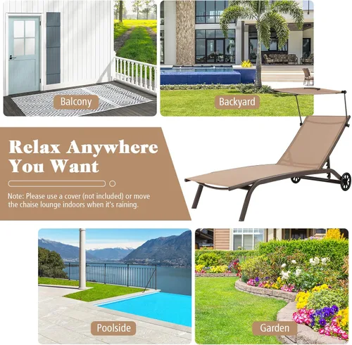 Miniatura 9 de Tangkula Tumbona para patio, reclinable al aire libre con ruedas, toldo ajustable y portavasos, respaldo de 6 niveles, tumbona reclinable de metal