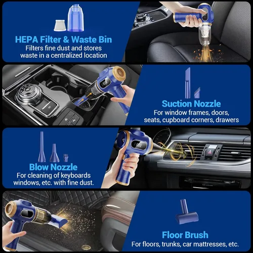 Miniatura 4 de Aspiradora de coche portátil inalámbrica de 17000 Pa Mini aspiradoras de mano inalámbricas con pantalla LCD y boquillas múltiples, alta potencia Azul
