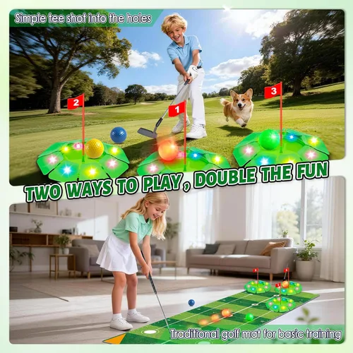 Miniatura 3 de VATOS Kids Golf Toy Set - Light Up Golf Game with 6.5ft Putting Mat, Golf Putter, 3 Holes, 4 Balls (2 Glow Balls), Indoor Outdoor Yard Family Glofer