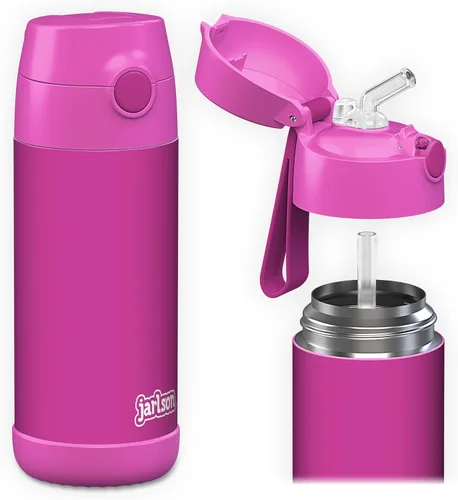 Miniatura 26 de Jarlson® CHARLI - Botella de agua para niños [12 onzas], botella térmica de acero inoxidable con pajilla, botella de agua aislada a prueba