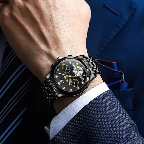 Miniatura 5 de OLEVS Relojes automáticos para hombre, impermeable, vestido de lujo, cuerda automática, esqueleto mecánico, tourbillon, fase lunar, acero