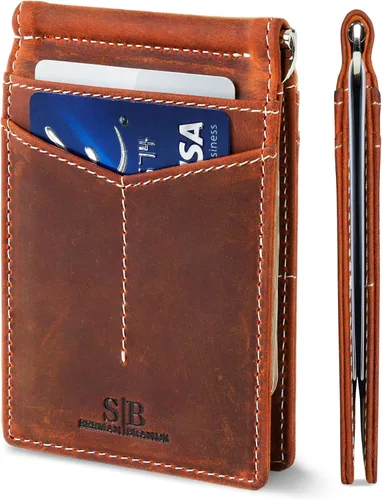 Miniatura 8 de SERMAN BRANDS Billetera con bloqueo RFID delgada de dos pliegues – Carteras minimalistas de cuero genuino con bolsillo frontal para hombres con clip
