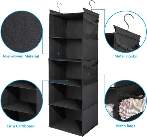 Miniatura 5 de MAX Houser Organizador de armario colgante de 5 estantes, ahorro de espacio, estantes colgantes de tela con 4 bolsillos laterales, plegable, negro