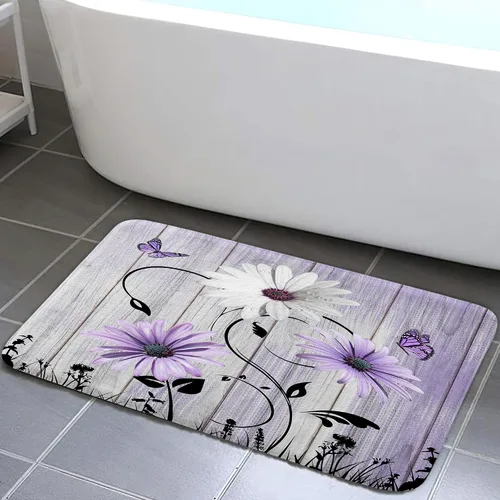 Miniatura 11 de Alfombra de baño rústica blanca floral, flores y mariposas en tabla de madera vieja, antideslizante, juego de alfombras de baño vintage