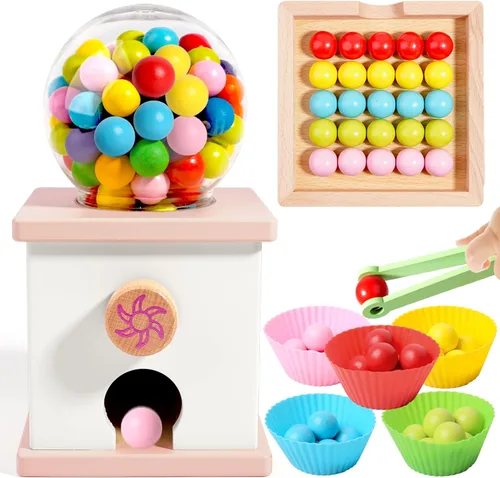 QimuMku Máquina de chicles de madera de 9.6 pulgadas con conteo, juguetes Montessori para niños de 3, 4 y 5 años, juguete de actividades de
