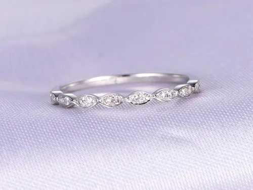 Miniatura 2 de Diamantes naturales, anillo de boda de media eternidad, oro blanco sólido de 14 quilates, anillo de aniversario, estilo marquesa Art Deco