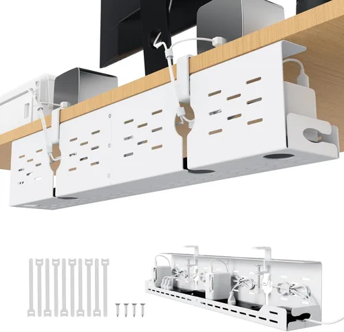 Miniatura 12 de Univivi Bandeja de organización de cables debajo del escritorio, organizador de cables de acero de 32 pulgadas, abrazadera en C sin taladrar