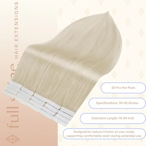 Miniatura 3 de Full Shine - Extensiones adhesivas de cabello humano de 20 pulgadas, extensiones de cabello con cinta invisible, color 1000 rubio hielo, sin