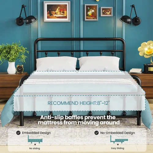 Miniatura 7 de Flolinda Base de cama clásica de plataforma metálica de tamaño matrimonial con estilo victoriano, marco de cama matrimonial con listones de acero