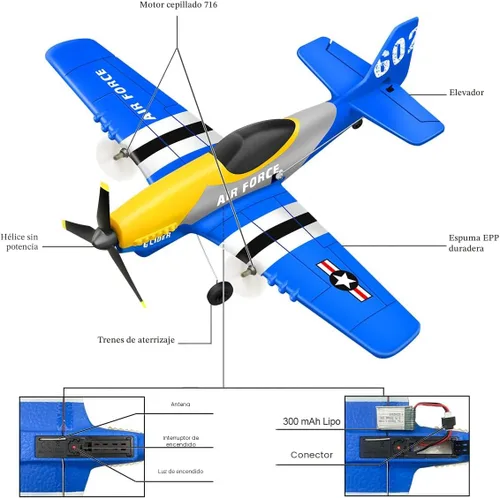 Miniatura 8 de HAWK'S WORK Avión RC P-51D Mustang de 3 canales, avión de control remoto listo para volar, estabilizador de giroscopio de 6 ejes de 2.4 GHz, fácil