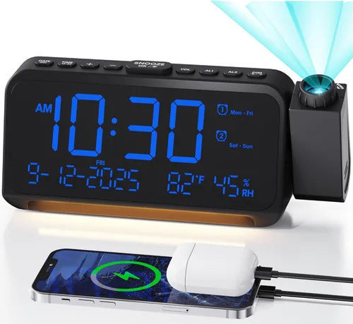 Roxicosly - Despertador de proyección para techo de dormitorio, 118 dB súper fuerte para personas que duermen mucho, pantalla digital grande de 6.7"