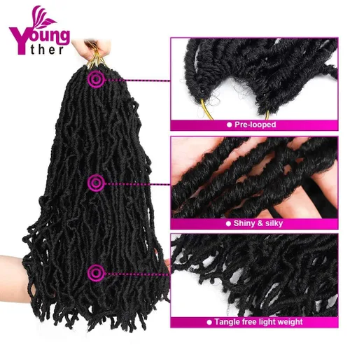 Miniatura 3 de Youngther Cabello sintético de ganchillo de 24 pulgadas, 6 unidades, 84 soportes, extensibles, cabello de ganchillo suave de diosa, cabello 1b