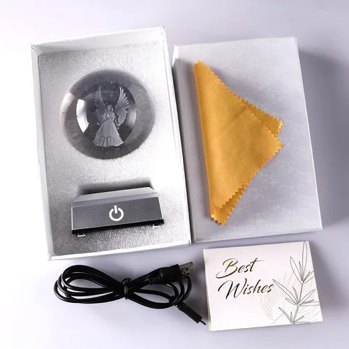 Miniatura 7 de Figuras de ángel de la guarda 3D K9 bola de cristal con base LED plateada, regalos de ángel conmemorativo para amigas y mujeres, decoración