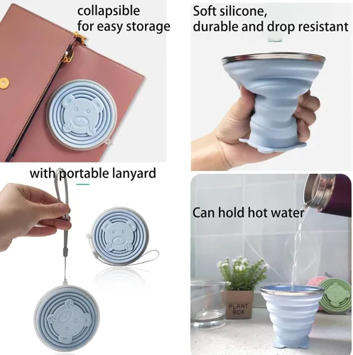 Miniatura 4 de Vaso de viaje plegable de silicona, paquete de 2 vasos de agua plegables reutilizables con tapa y cordón, silicona de grado alimenticio sin BPA
