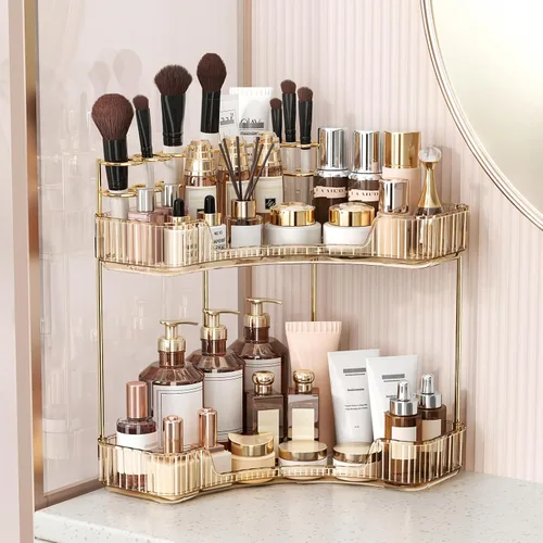 Miniatura 9 de BEFSOP Organizador de esquina para mostrador de baño, organizador de maquillaje mejorado de 2 niveles con soporte para brochas de maquillaje