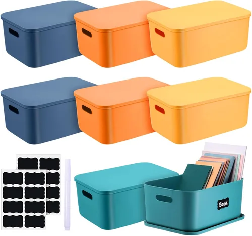 Tanlade 8 contenedores de almacenamiento de plástico apilables con tapa y asa, colorida caja de almacenamiento de escritorio para estantes,