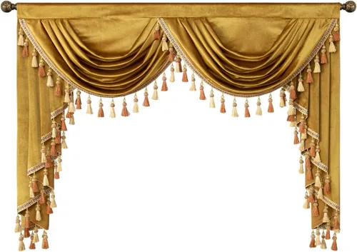 Miniatura 26 de VOGOL Cenefa de cortinas de terciopelo grueso para dormitorio, cenefas de cascada de lujo con aislamiento térmico dorado para sala de estar formal