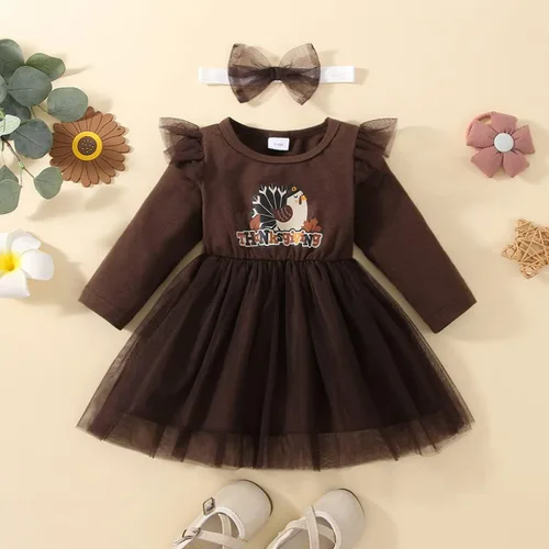 Miniatura 2 de Vestido de Acción de Gracias para niña pequeña vestido de manga larga con volantes vestido de tul de pavo con diadema