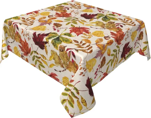 Sweetshow Fall Square Tablecloth 52x52 Inch Fallen Leaves Maple Leaf Print Autumn Thanksgiving Harvest Themed Holiday Wooden Pattern Decorative