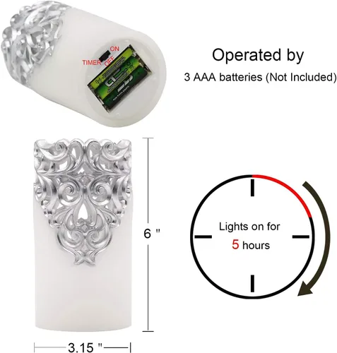Miniatura 6 de Velas parpadeantes sin llama de plata hueca con temporizador de 5 horas, velas LED de pilar que funcionan con pilas, cera sin perfume, luz cálida