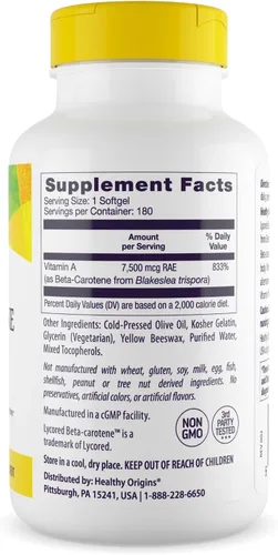 Miniatura 2 de Healthy Origins Betacaroteno 25,000 UI (7,500 mcg), suplemento de provitamina A para antioxidante, ojo e inmunitario, 180 cápsulas blandas