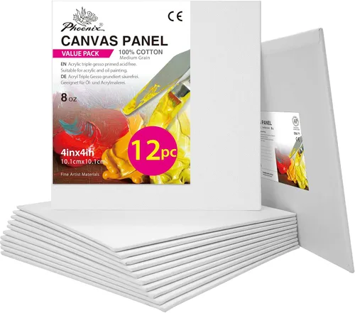 PHOENIX Paneles de lienzo pequeños de 4 x 4 pulgadas, paquete de 12 unidades, 8 onzas, triple imprimado, 100% algodón, sin ácidos, tableros de Blanco