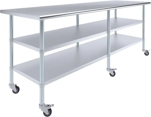 Miniatura 17 de AmGood Mesa de trabajo de acero inoxidable con 2 estantes y ruedas Mesa de trabajo de metal con ruedas